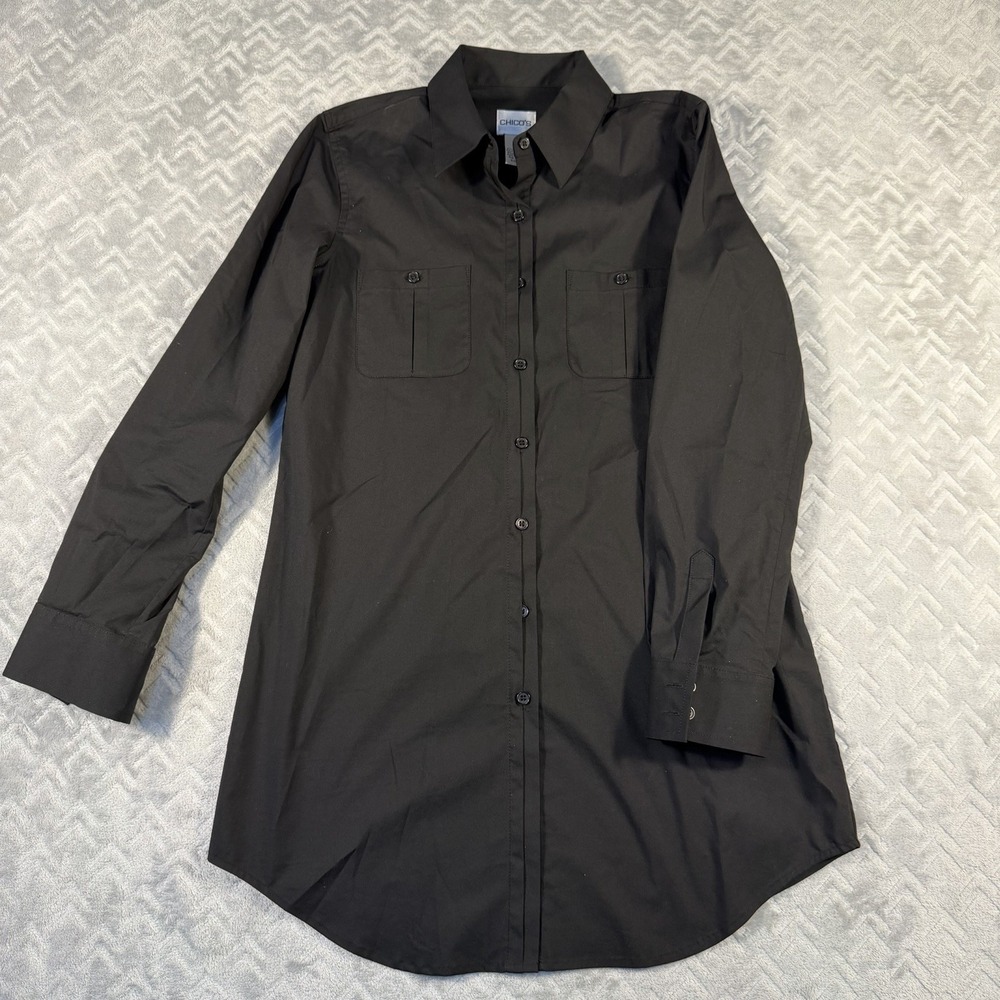 Chico's Tunic Top Size Small (0) Long Sleeve Shirt Black Button-Up Blouse NWOT